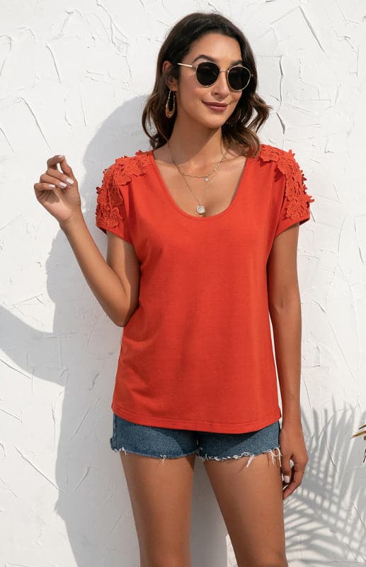 Women's Casual Lace Stitched V-Neck Pullover Short Sleeve Tops.