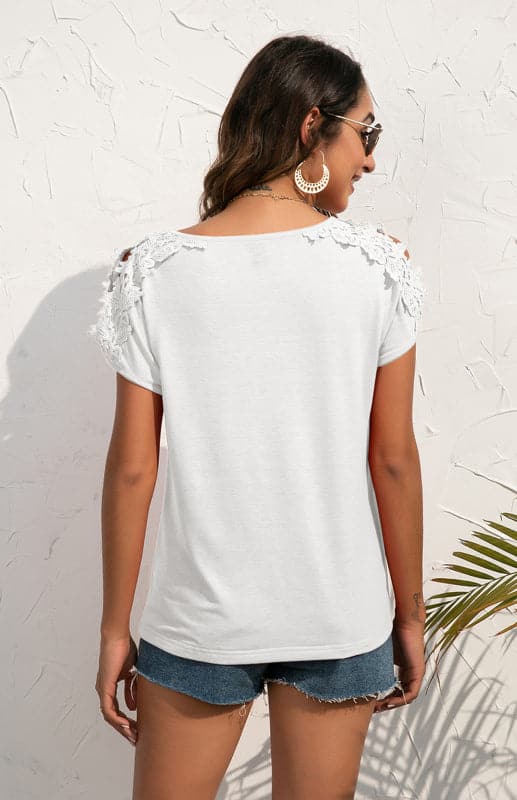 Women's Casual Lace Stitched V-Neck Pullover Short Sleeve Tops.