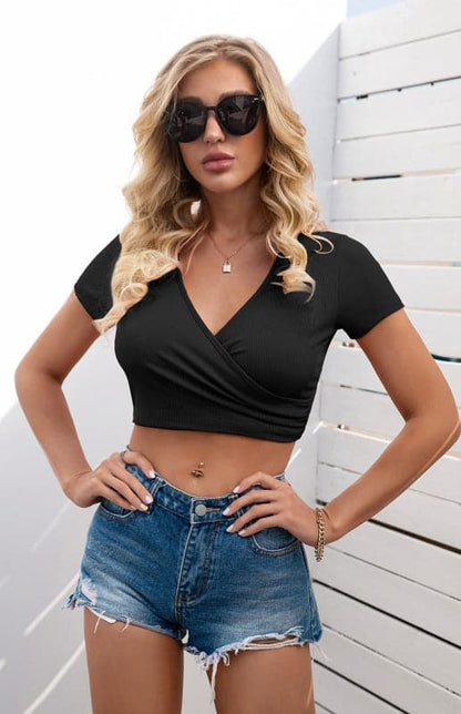 Women's Sexy Navel Cross V-Neck Versatile Short Sleeve Slim Fit T-Shirt.