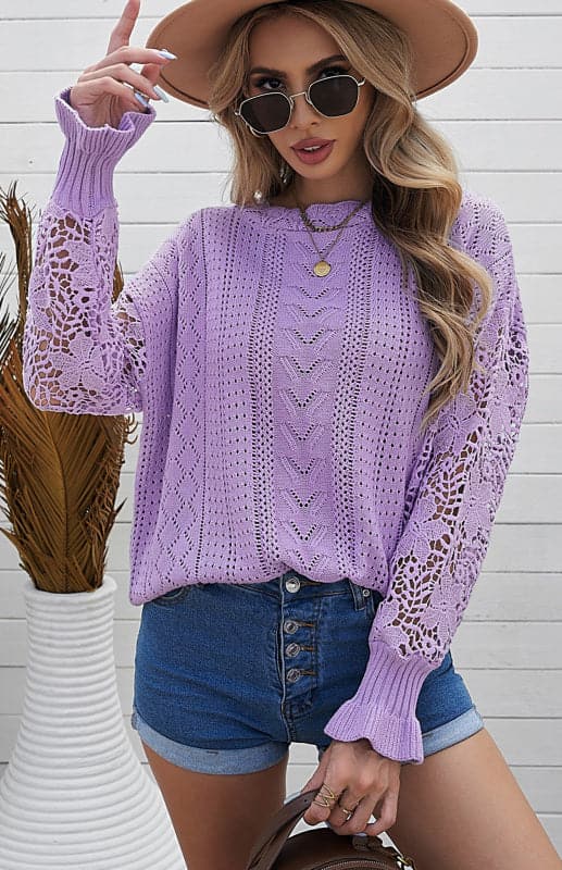 Women's Long Sleeve Cutout Petal Sleeve Sweater.