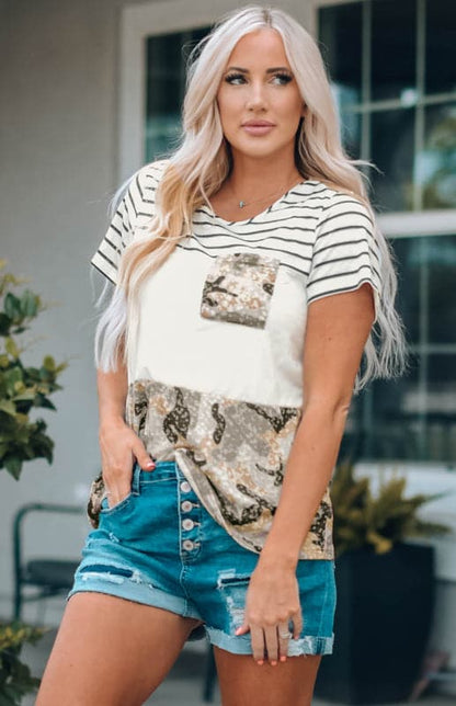 Women's Striped Camo Crew Neck Panel Short Sleeve Top.