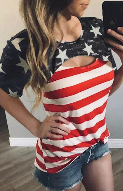 Women's Black Contrast American Flag Cutout T-Shirt.