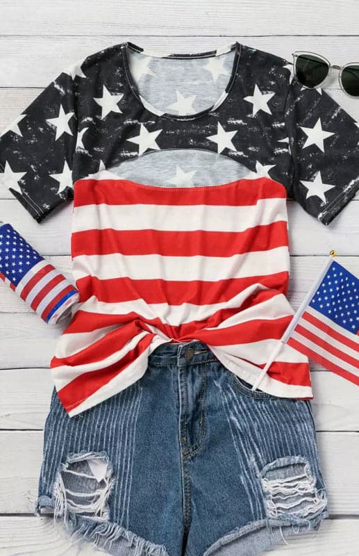 Women's Black Contrast American Flag Cutout T-Shirt.