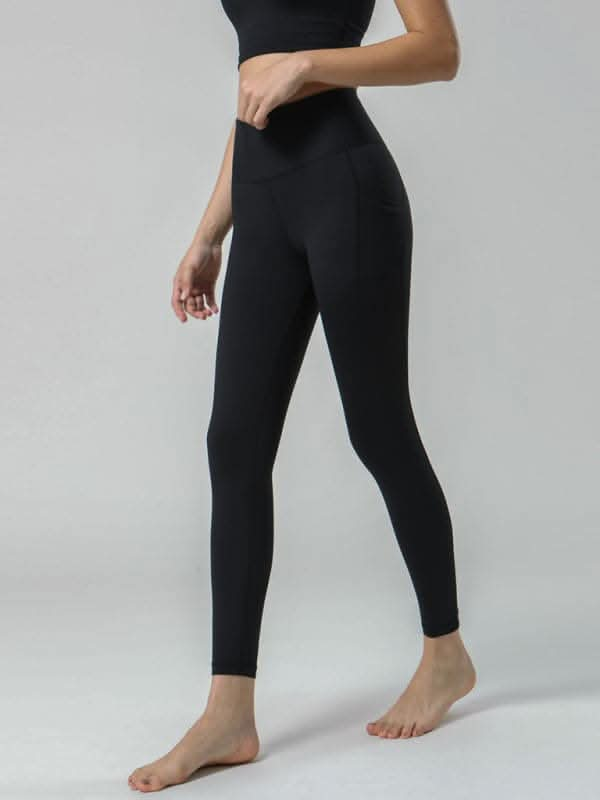 Double Sided Brushed Yoga Ninth Pants High Waist Pocket Sports Yoga Pants Women.