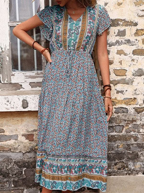 women's summer retro print green slimming dress.