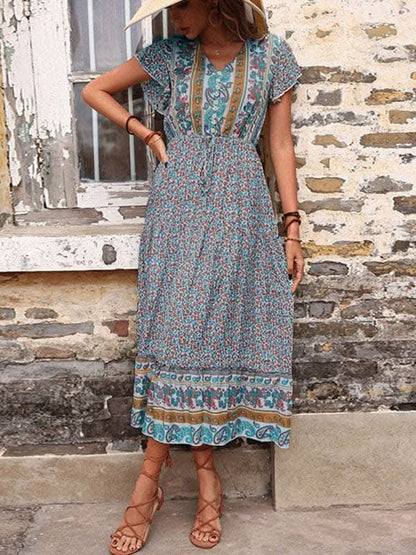 women's summer retro print green slimming dress.