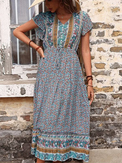 women's summer retro print green slimming dress.