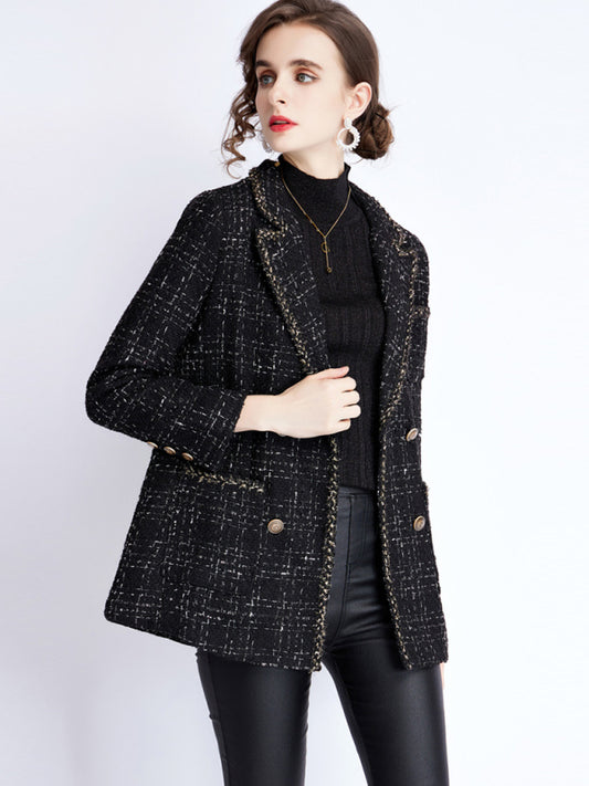 Women's Small Fragrant Wind Long Sleeve Tweed Tartan Jacket