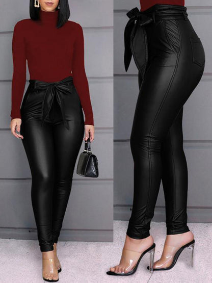 Stylish Women's PU Leather Pants with Belt - Casual Elegance