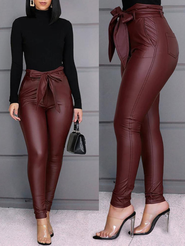 Stylish Women's PU Leather Pants with Belt - Casual Elegance