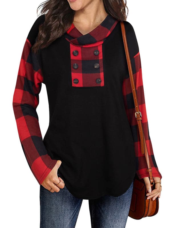 Hooded plaid sweater t-shirt for women