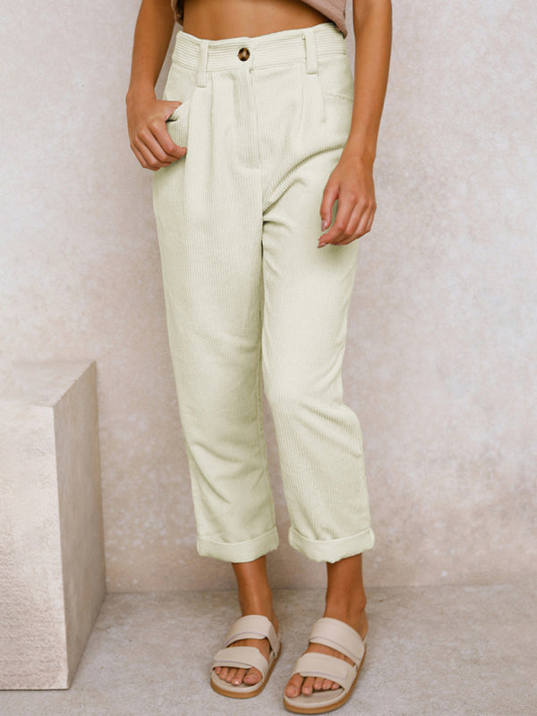 High Waist Lounge Pants Solid Color Corduroy Trousers