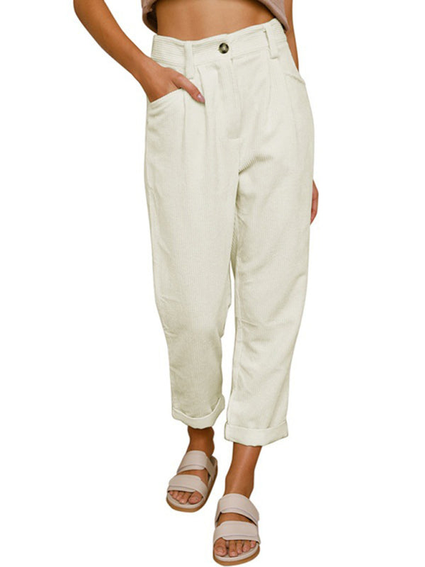 High Waist Lounge Pants Solid Color Corduroy Trousers