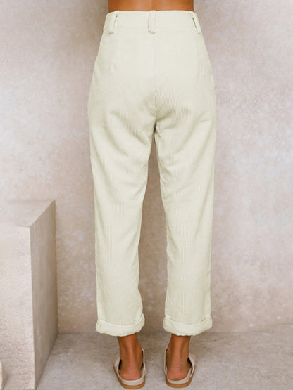 High Waist Lounge Pants Solid Color Corduroy Trousers