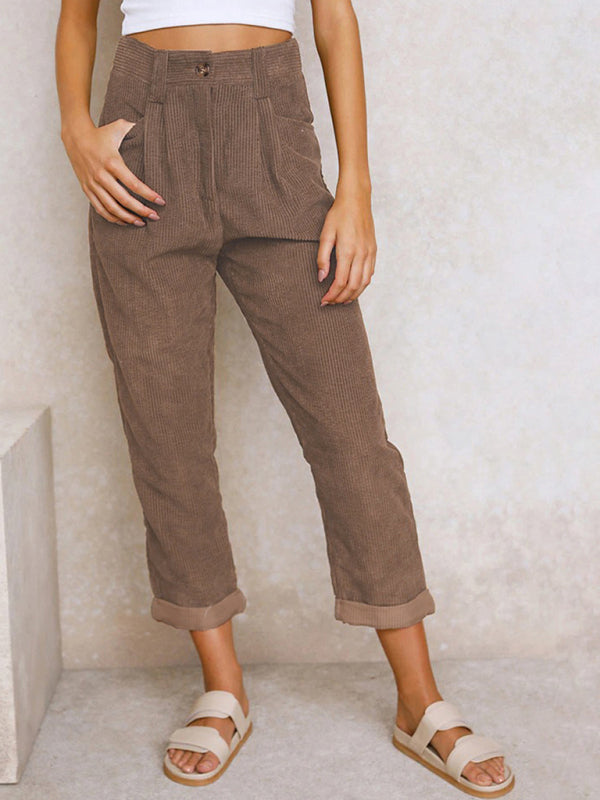 High Waist Lounge Pants Solid Color Corduroy Trousers