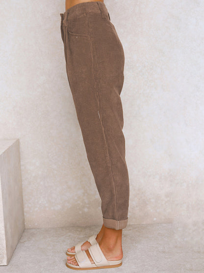 High Waist Lounge Pants Solid Color Corduroy Trousers