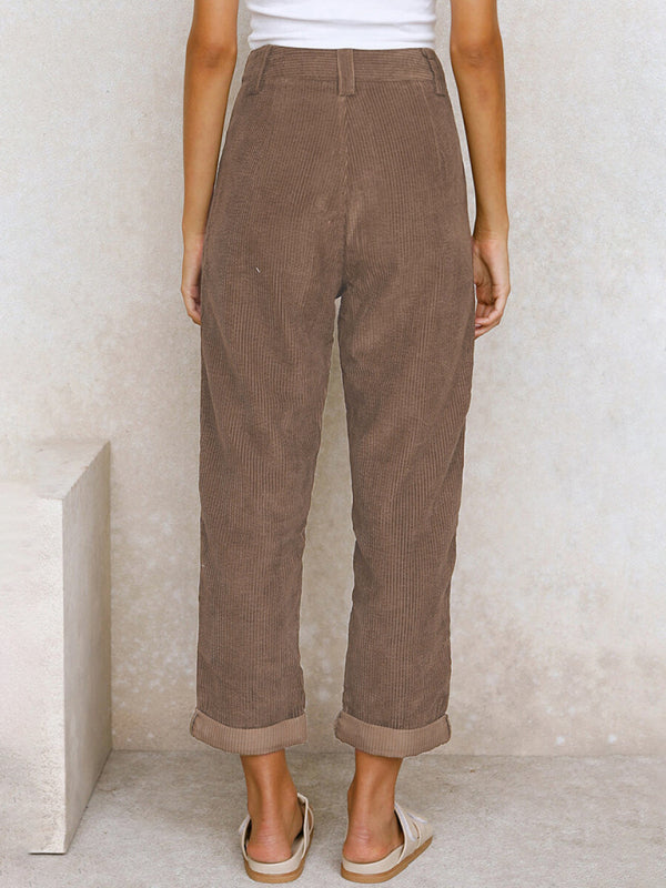 High Waist Lounge Pants Solid Color Corduroy Trousers