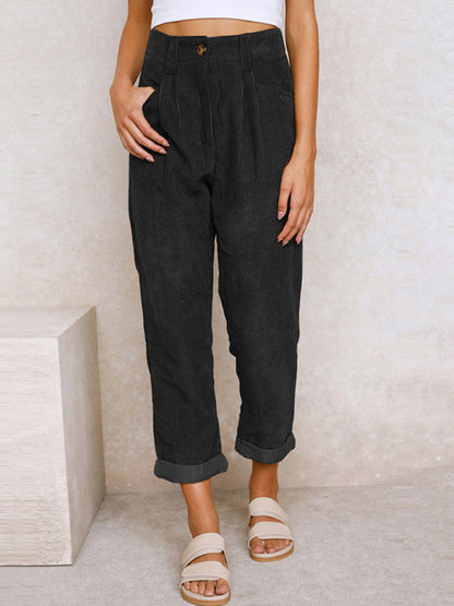 High Waist Lounge Pants Solid Color Corduroy Trousers