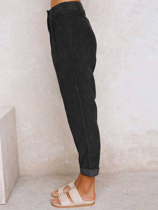 High Waist Lounge Pants Solid Color Corduroy Trousers