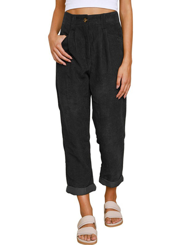 High Waist Lounge Pants Solid Color Corduroy Trousers