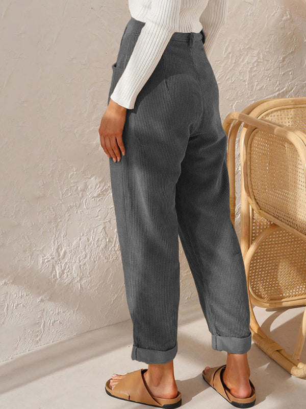 High Waist Lounge Pants Solid Color Corduroy Trousers