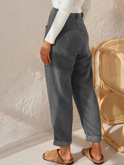 High Waist Lounge Pants Solid Color Corduroy Trousers