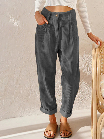 High Waist Lounge Pants Solid Color Corduroy Trousers