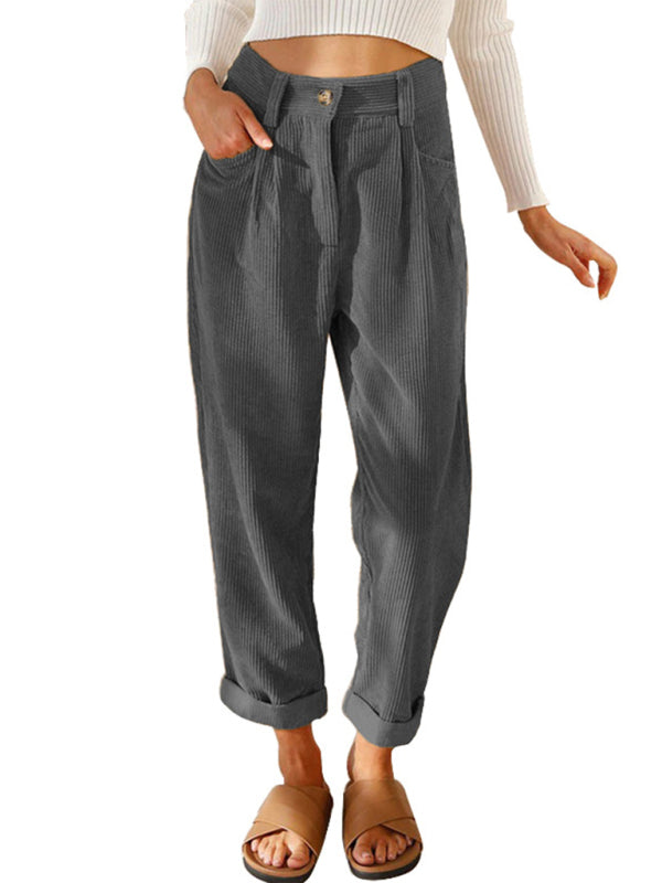 High Waist Lounge Pants Solid Color Corduroy Trousers