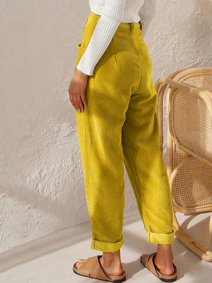 High Waist Lounge Pants Solid Color Corduroy Trousers