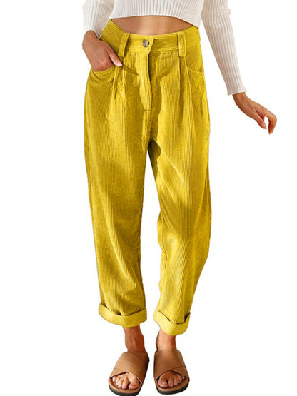 High Waist Lounge Pants Solid Color Corduroy Trousers