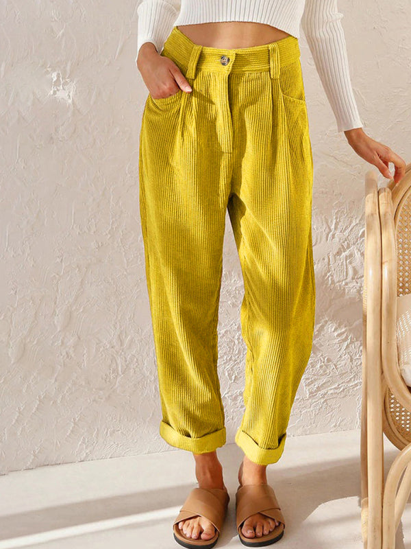 High Waist Lounge Pants Solid Color Corduroy Trousers