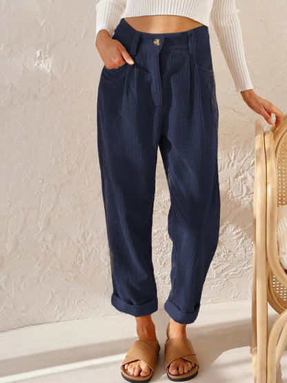 High Waist Lounge Pants Solid Color Corduroy Trousers