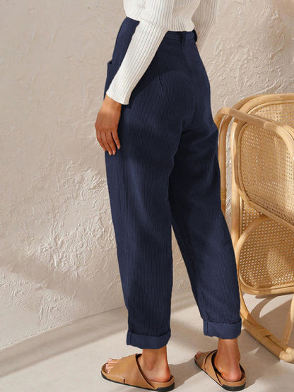 High Waist Lounge Pants Solid Color Corduroy Trousers