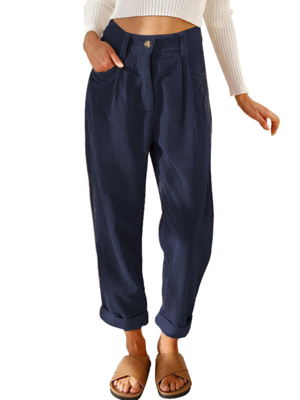 High Waist Lounge Pants Solid Color Corduroy Trousers