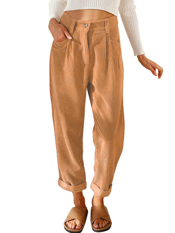 High Waist Lounge Pants Solid Color Corduroy Trousers