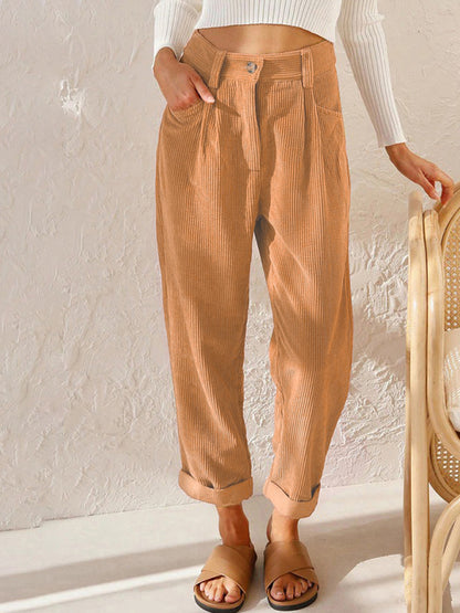 High Waist Lounge Pants Solid Color Corduroy Trousers