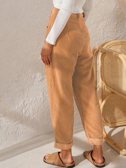 High Waist Lounge Pants Solid Color Corduroy Trousers