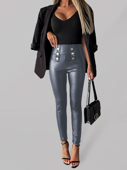 Chic Women's Solid Color High-Waisted Skinny Leather Pants with Button Detail