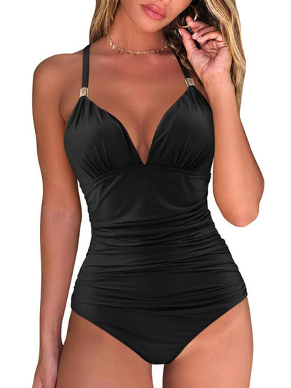 One Piece Swimsuit Conservative Leopard Print Halter Red Backless