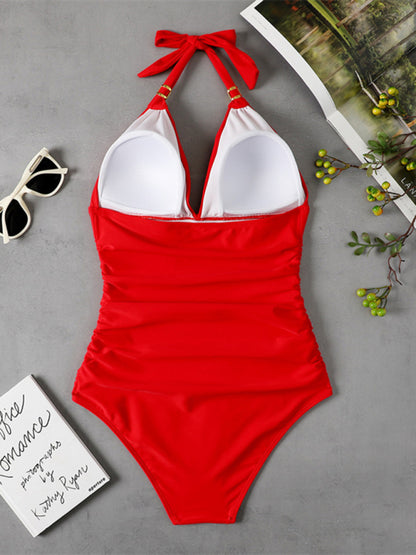 One Piece Swimsuit Conservative Leopard Print Halter Red Backless