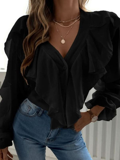 V-neck ruffle long sleeve shirt