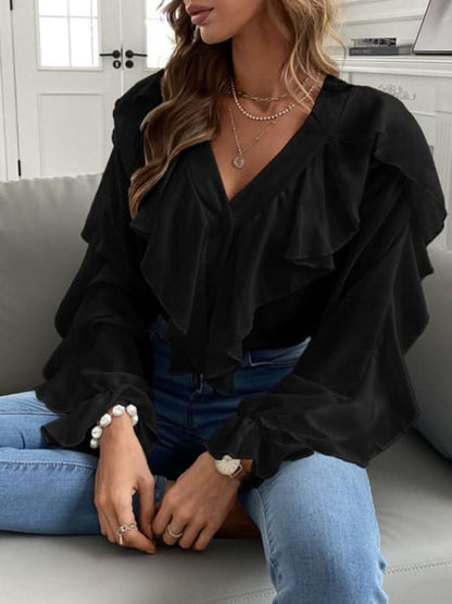 V-neck ruffle long sleeve shirt