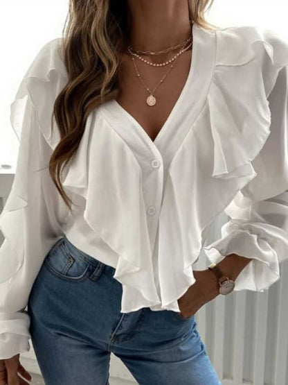 V-neck ruffle long sleeve shirt