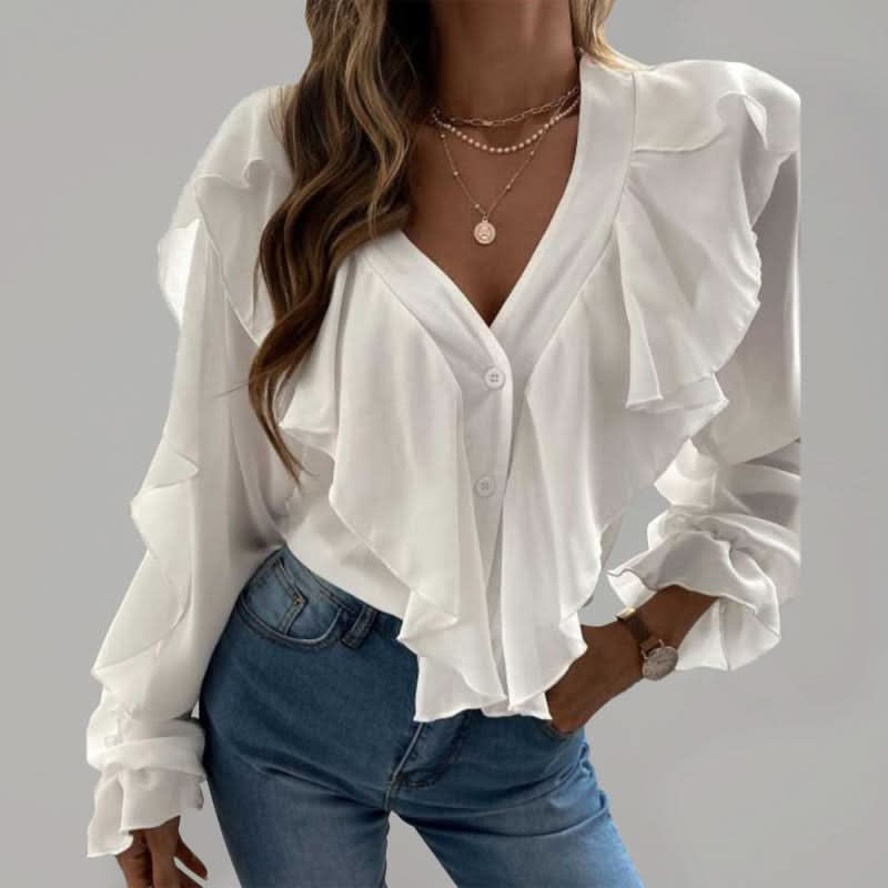 V-neck ruffle long sleeve shirt