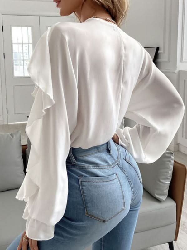 V-neck ruffle long sleeve shirt