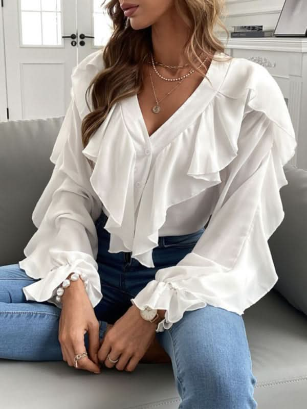 V-neck ruffle long sleeve shirt