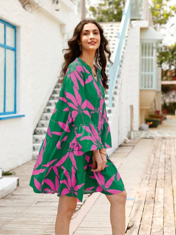 Women's floral print bell sleeve dress.