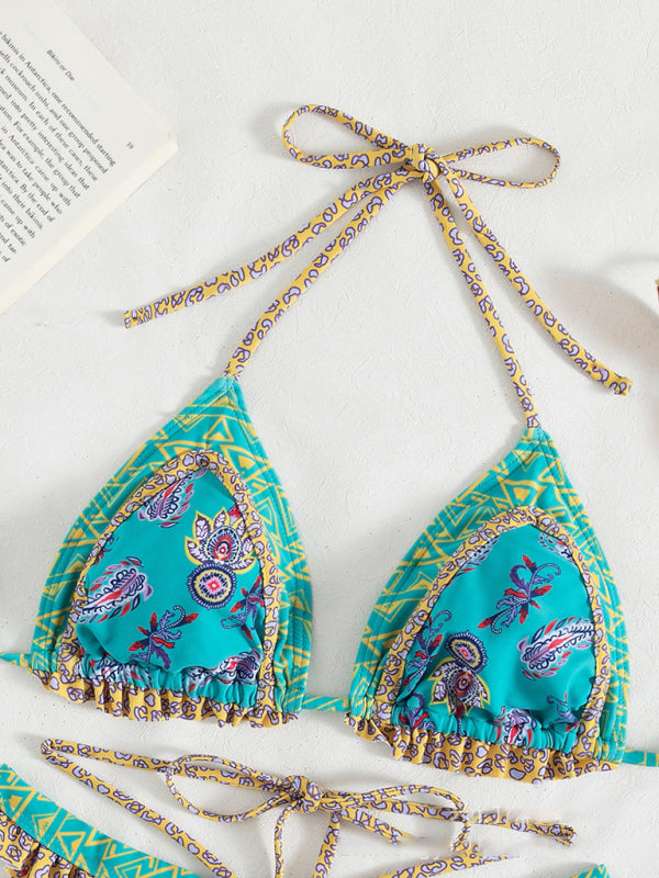 Women's Ethnic Print Halter Neck Tie Bikini Swimwear