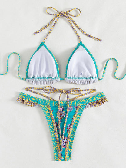 Women's Ethnic Print Halter Neck Tie Bikini Swimwear