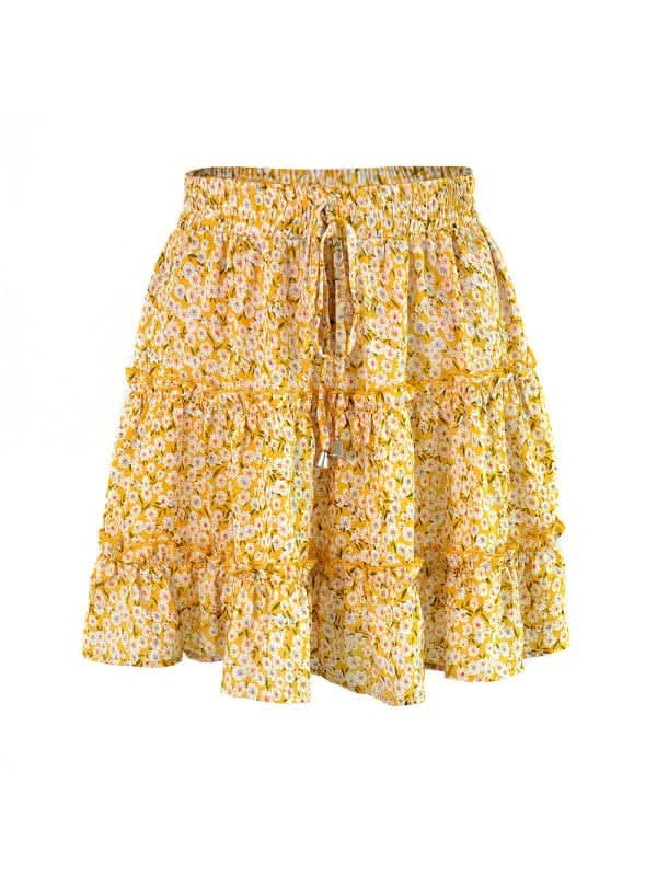 Ladies High Waist Ruffled Floral Printed A-Line Skirt.